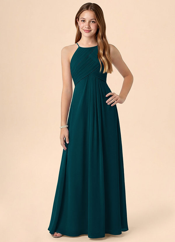 Azazie Ginny Junior Pine A-Line Pleated Chiffon Dress image1