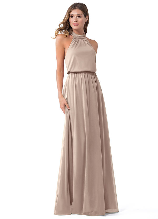 Azazie Landry Bridesmaid Dresses Taupe A-Line Pleated Mesh Dress image1