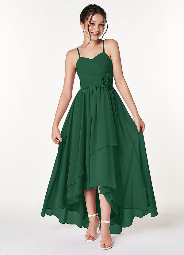 Azazie Catalina Junior Dark Green A-Line Ruched Chiffon Dress image1