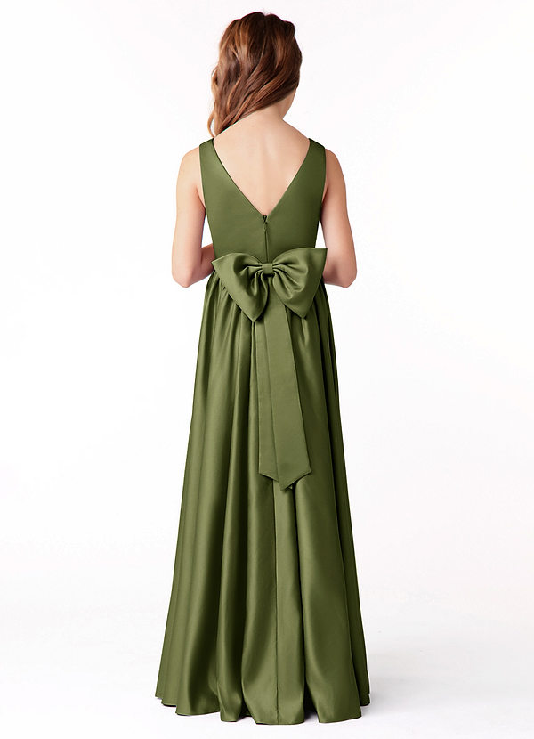Azazie Hathaway Junior Olive A-Line Bow Stretch Satin Dress image1