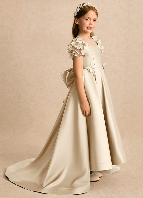 Azazie Charity Flower Girl Dresses Champagne A-Line with Sleeves Matte Satin Dress image1