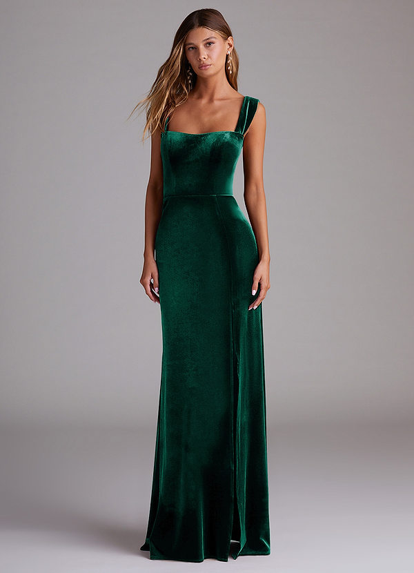 Azazie Junia Bridesmaid Dresses Emerald Sheath Off the Shoulder Velvet Convertible Dress image1