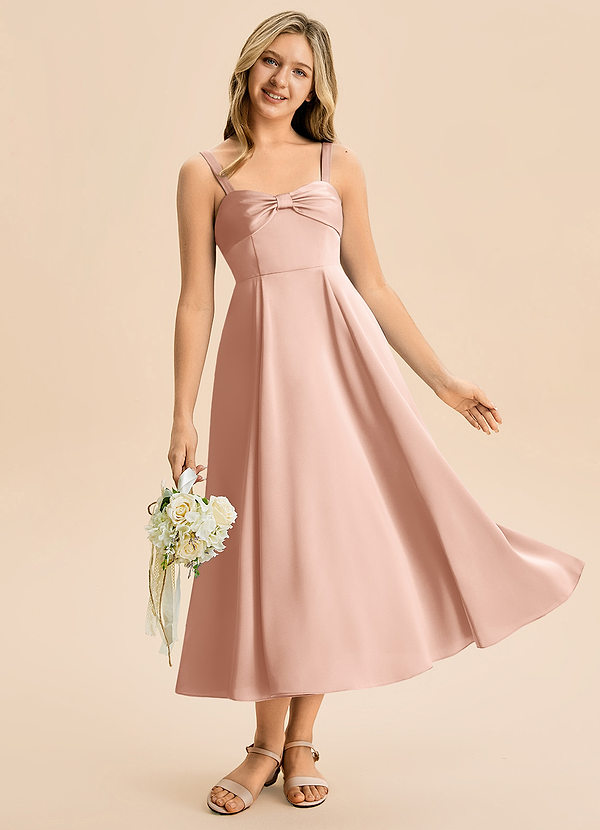 Azazie Ramona Junior Linia A Dekolt w kształcie serca Satyna elastyczna Długość herbaty Młodsza druhna Sukienka image1