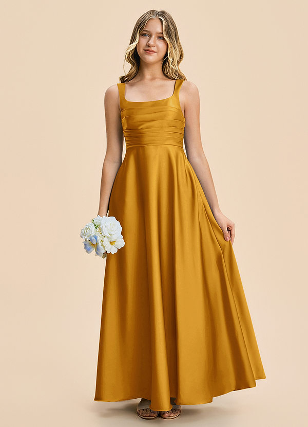 Azazie Azaria Junior Butterscotch A-Line Pleated Stretch Satin Dress image1