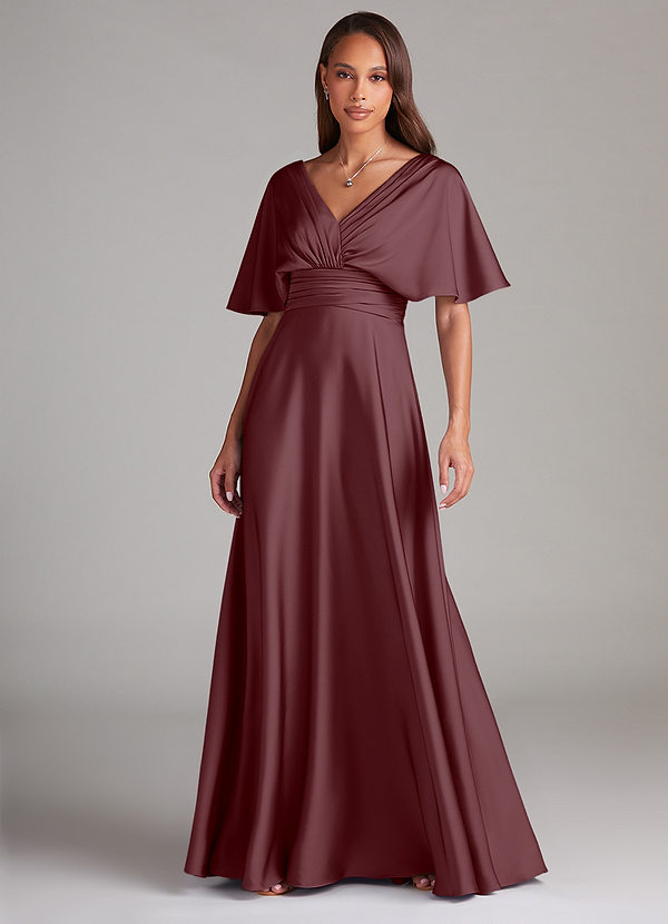Azazie Pamela Robes Demoiselle d'honneur Robe Trapèze en Satin extensible Plissée Sangria image1