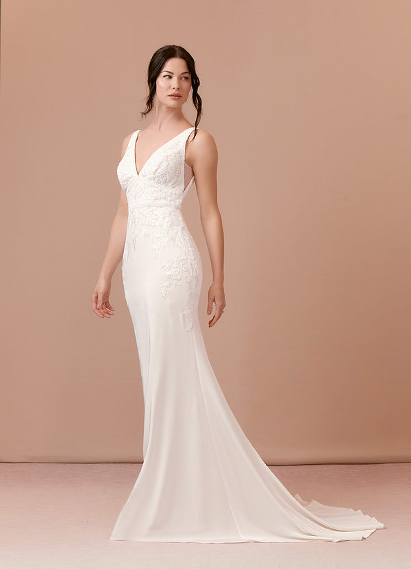 Azazie Arbor Wedding Dresses Diamond White Mermaid Lace Satin Dress image1