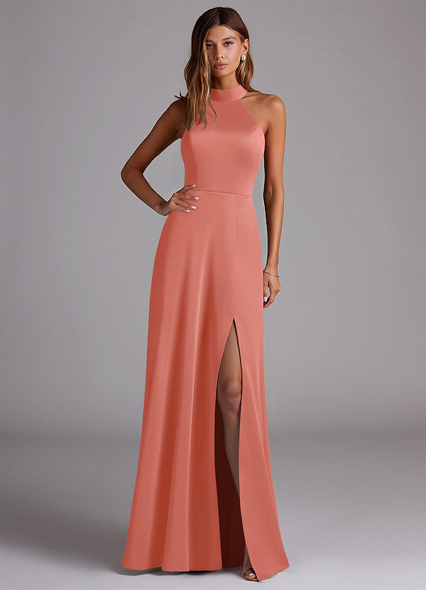 Azazie Myra Bridesmaid Dresses Salmon Pink A-Line High Neck Stretch Satin Dress image1