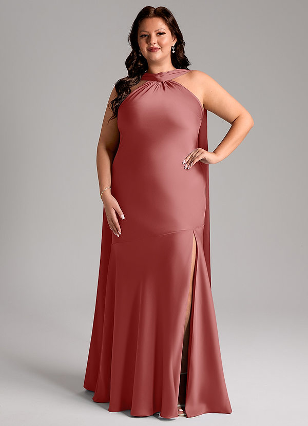 Azazie Kinsley Vestidos Dama de Honor Vestido de Rosa Antigua de Satén Elástico de Corte Sirena con Corte Lateral image1