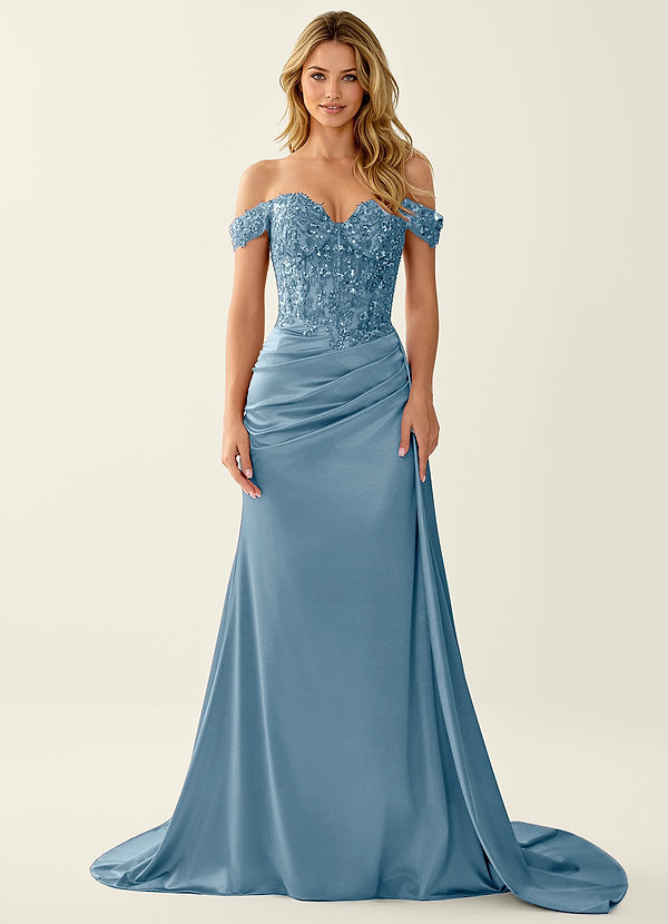 Nerine Bleu Poussiéreux Robe de bal sirène à corset en dentelle et dos lacé image1