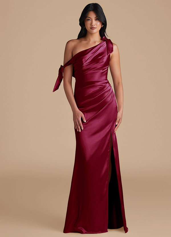 Azazie Xyla Bridesmaid Dresses Burgundy Sheath Off the Shoulder Metallic Satin Convertible Dress image1