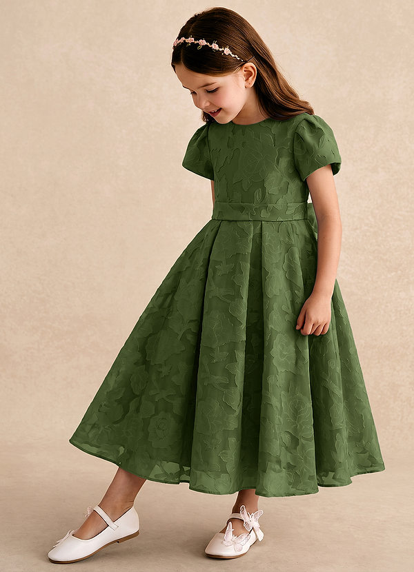Azazie Princes Abiti da Damigella Bambina Abito A-Line in Burnout Floreale Plissettato Oliva image1