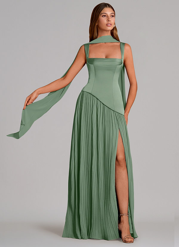 Azazie Stephanie Robes Demoiselle d'honneur Robe Trapèze en Satin extensible Plissée Matcha image1