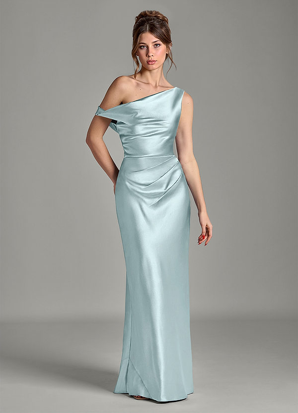Azazie Emerson Bridesmaid Dresses Mist Mermaid Off the Shoulder Metallic Satin Dress image1
