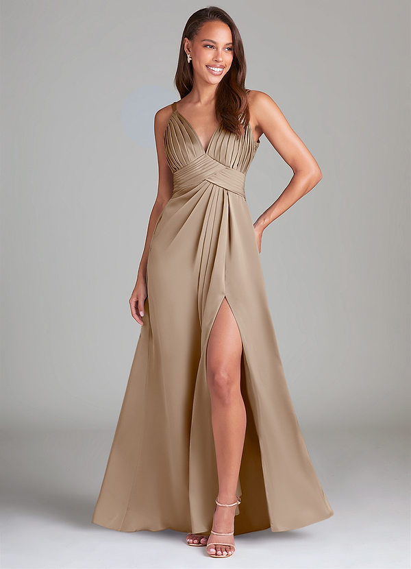 Azazie Maren Allure Bridesmaid Dresses Taupe A-Line Lace Stretch Satin Dress image1