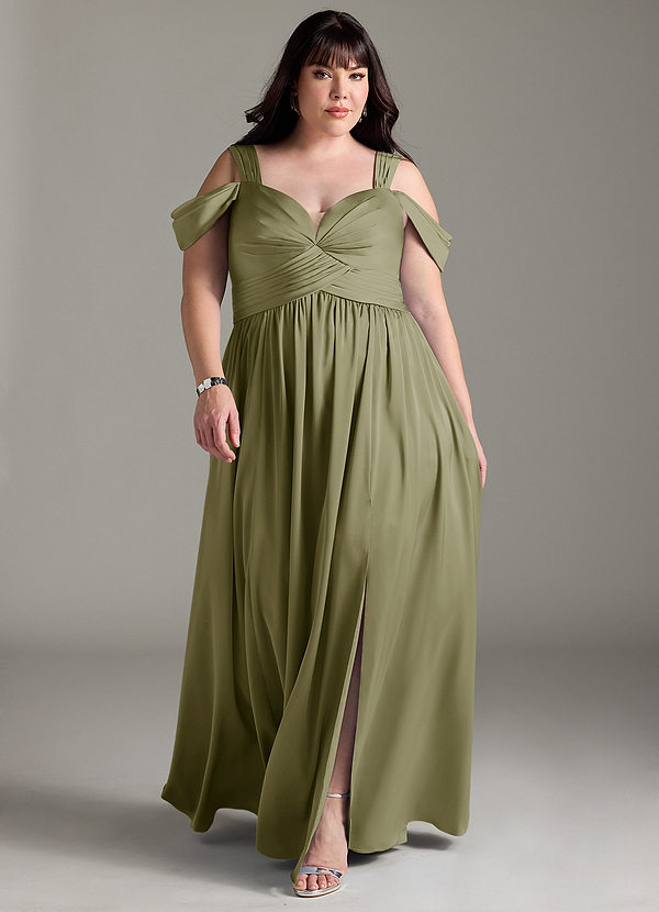 Azazie Lianne Bridesmaid Dresses Pistachio A-Line Off the Shoulder Stretch Satin Dress image1