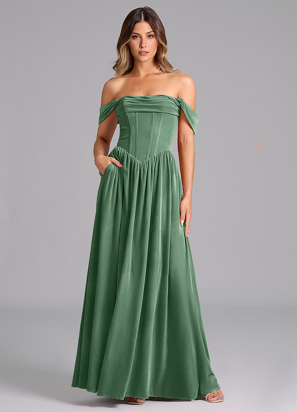 Azazie Hattie Robes Demoiselle d'honneur Robe Trapèze en velours Rayé Eucalyptus image1