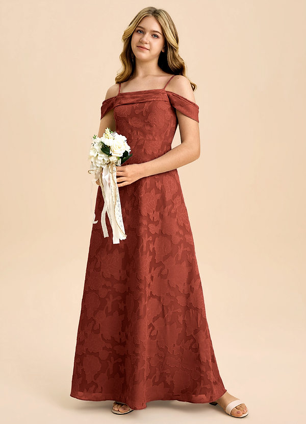 Azazie Anselie Junior Terracotta A-Line Off the Shoulder Floral Burnout Dress image1