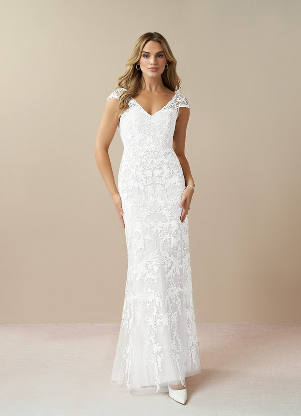 Azazie Devonna Wedding Dresses Diamond White Sheath V-Neck Sequins Lace Dress image1