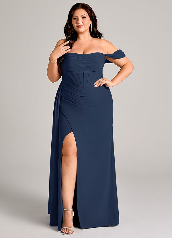 Azazie Amyra Bridesmaid Dresses Dark Navy Sheath Off the Shoulder Chiffon Convertible Dress image1