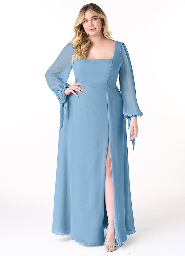 Azazie Leonia Bridesmaid Dresses Steel Blue A-Line Long Sleeve Chiffon Dress image1