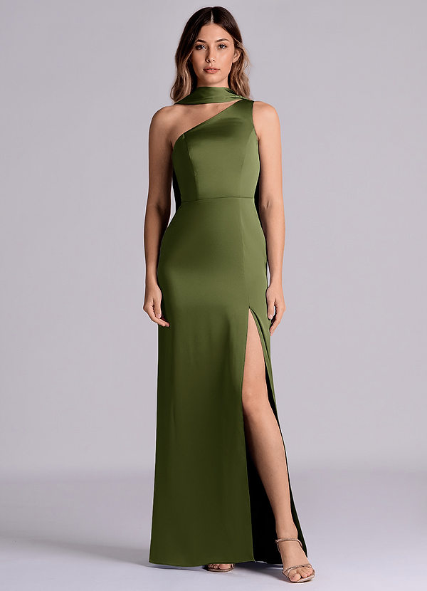 Azazie Philana Bridesmaid Dresses Olive A-Line One Shoulder Stretch Satin Dress image1