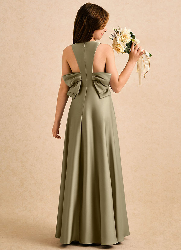 Azazie Nisha Girls Formal Blomsterpigekjoler A-Line Plisseret Stræk satin Gulv-længde Kjole image1