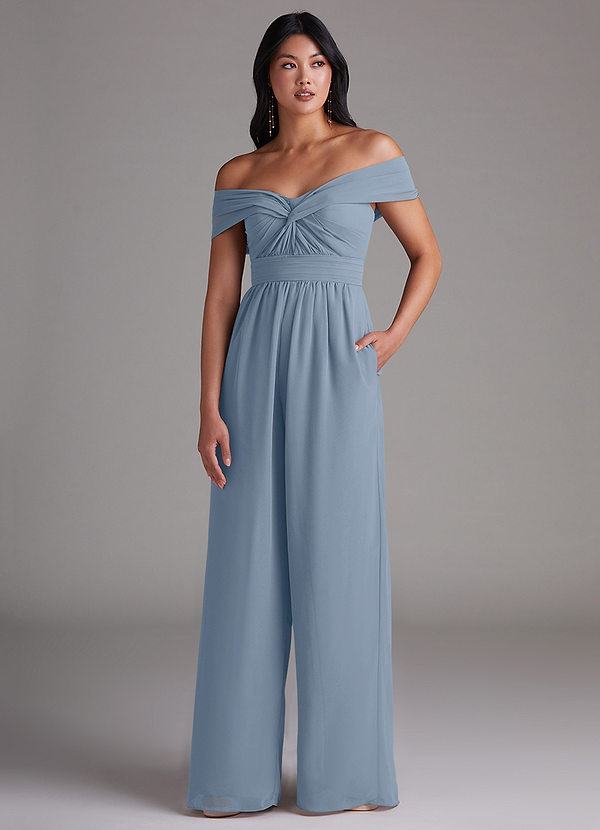 Azazie Lamara Robes Demoiselle d'honneur Combinaison Convertible en Mousseline de soie Épaule décolletée Bleu Poussiéreux image1