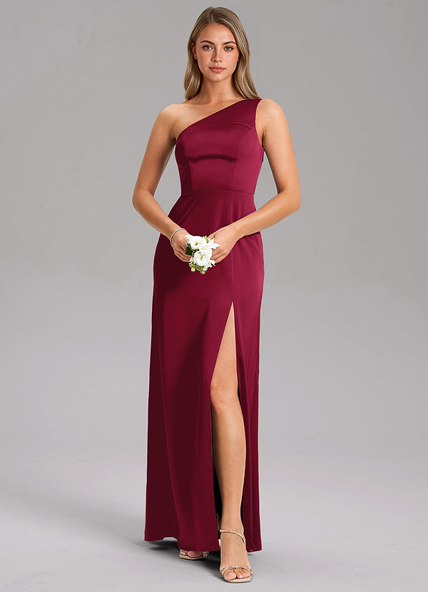 Azazie Phaedra Bridesmaid Dresses Burgundy A-Line One Shoulder Stretch Satin Dress image1