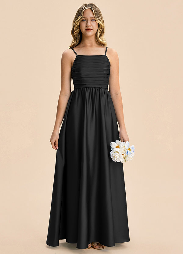 Azazie Kai Junior Black A-Line Pleated Stretch Satin Dress image1