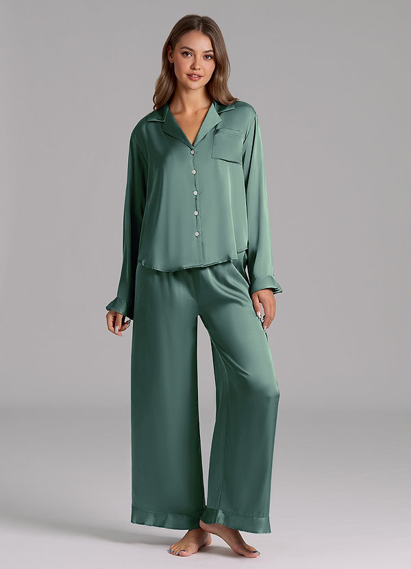 front Matching Color Ruffled Satin Long Sleeve Pajama Set