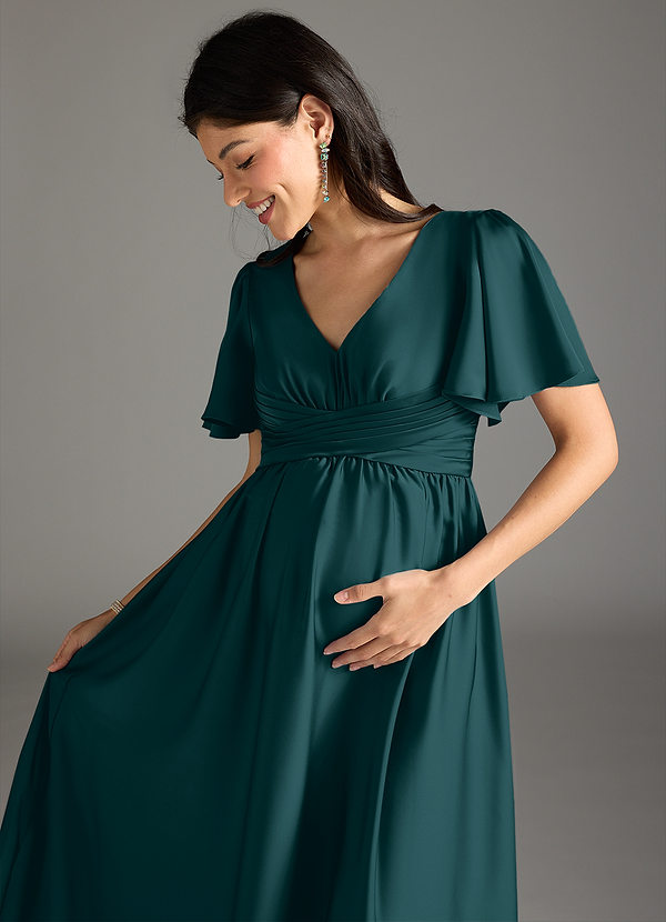 Azazie Verna Maternity Bridesmaid Dresses A-Line Ruched Stretch Satin Floor-Length Dress image1