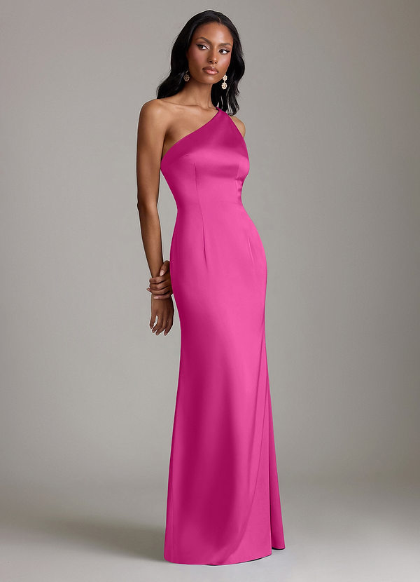 Azazie Voni Robes Demoiselle d'honneur Robe Sirène en Satin extensible Une épaule Fuchsia image1