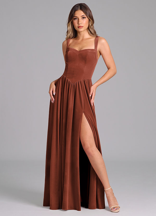 Azazie Francis Bridesmaid Dresses Terracotta A-Line Corset Velvet Dress image1
