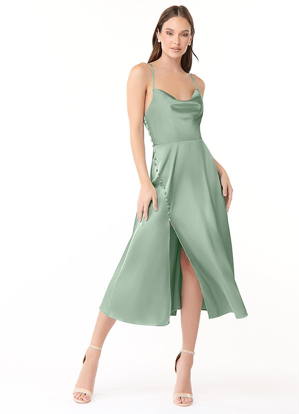 Azazie Ceci Bridesmaid Dresses A-Line Side Slit Stretch Satin Tea-Length Dress image1