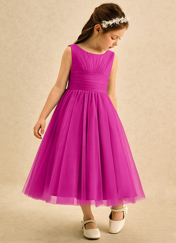 Azazie Macaron Robes de Fillette d'Honneur Robe Trapèze en Tulle Plissée Fuchsia image1