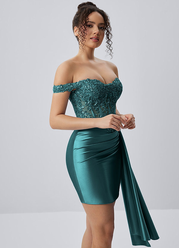 Oralien Pfauenblau Minikleid mit Perlen-, Pailletten- und Rüschenbesatz, Stretch-Satin, Korsett und Schnürung image1