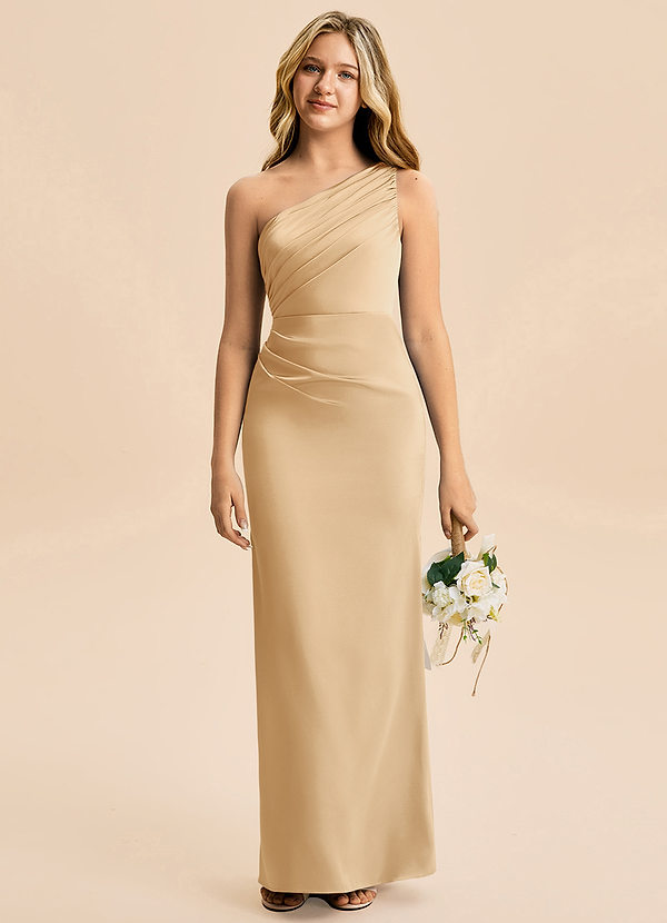 Azazie Akilah Junior Gold Sheath Pleated Stretch Satin Dress image1