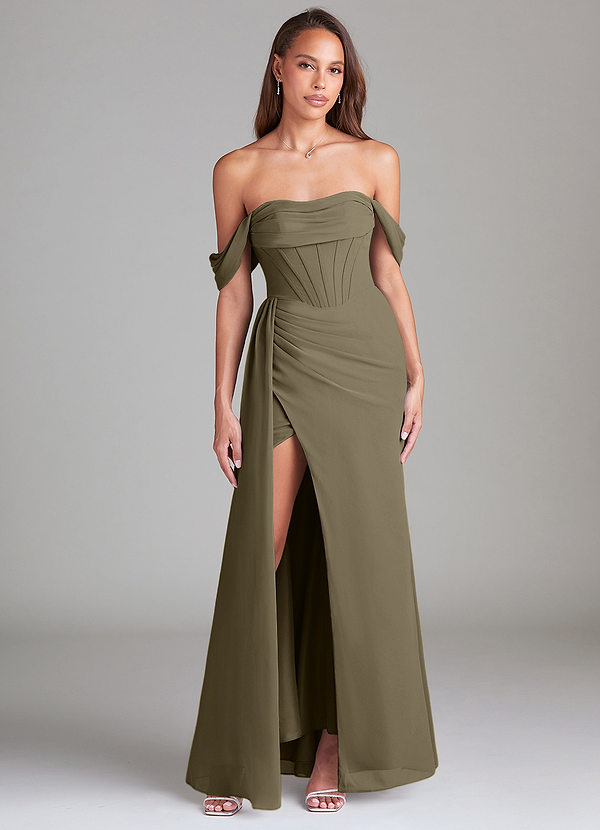 Azazie Amyra Vestidos Dama de Honor Vestido de Verde Sauce de Gasa de Corte Recto Convertible con Vestidos sin tirantes image1