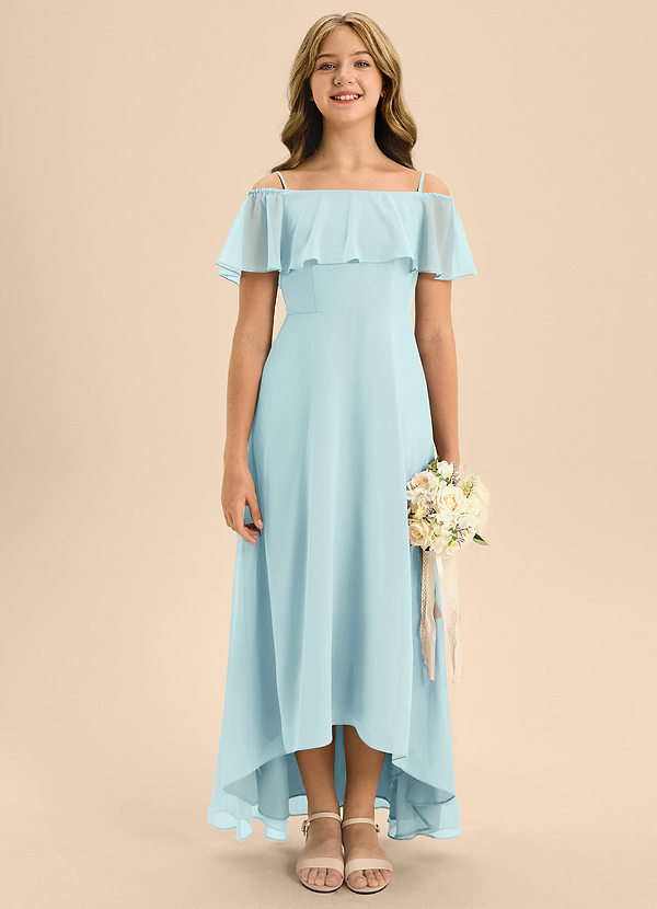 Azazie Maggie Junior A-Linie Schulterfrei Chiffon Kleid Seegrün image1