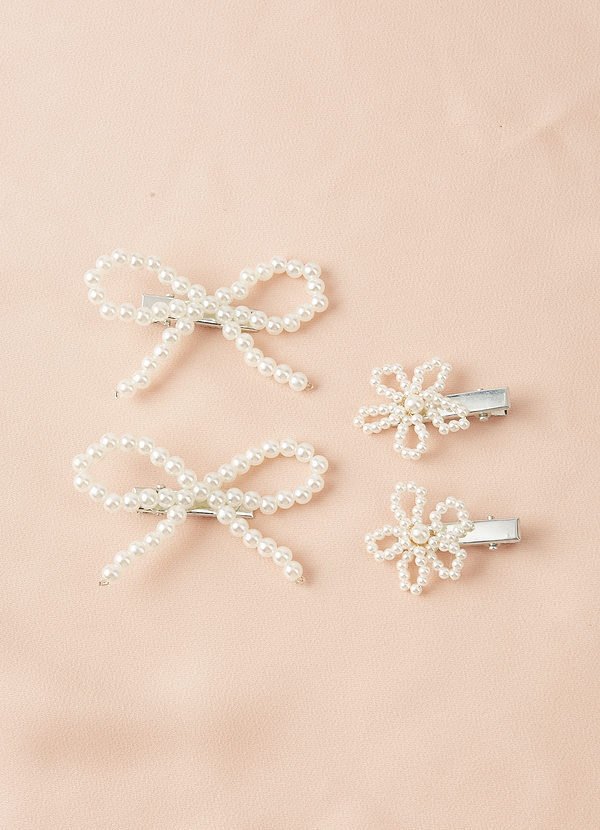 front Four-Piece Pearl Bow and Flower Hair Clip Set