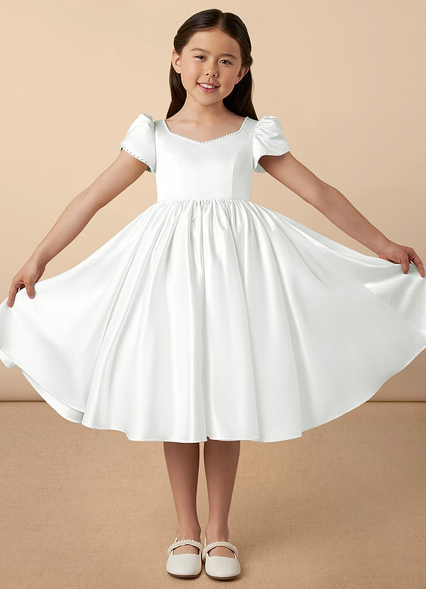 Azazie Juno Flower Girl Dresses Ivory A-Line Sweetheart Neckline Matte Satin Dress image1