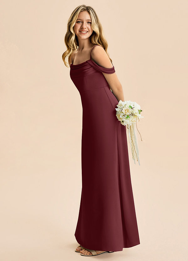 Azazie Lettie Junior Cabernet A-Line Off the Shoulder Stretch Satin Dress image1
