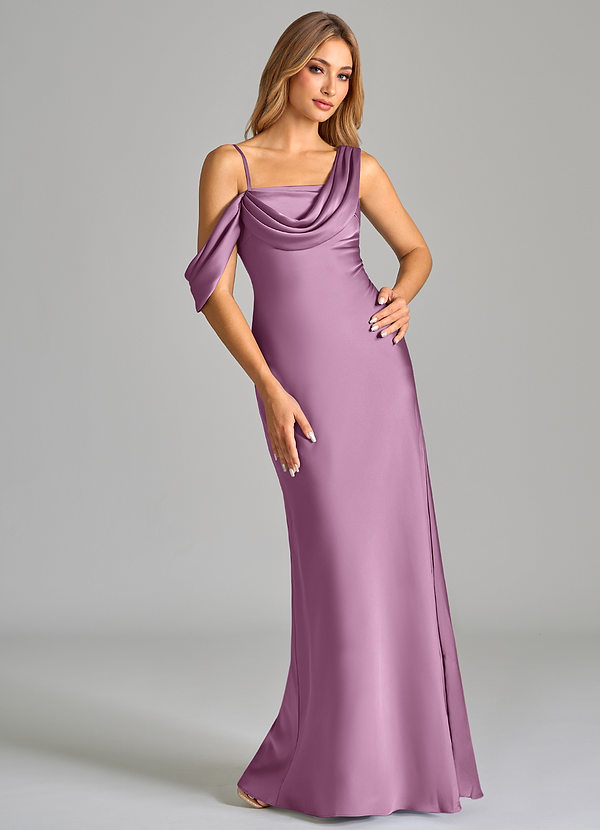 Azazie Celina Bridesmaid Dresses Wisteria Sheath Off the Shoulder Stretch Satin Dress image1