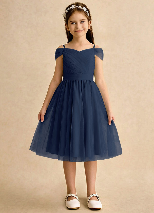 Azazie Lila Girls Formal Flower Girl Dresses Dark Navy A-Line Off the Shoulder Tulle Dress image1