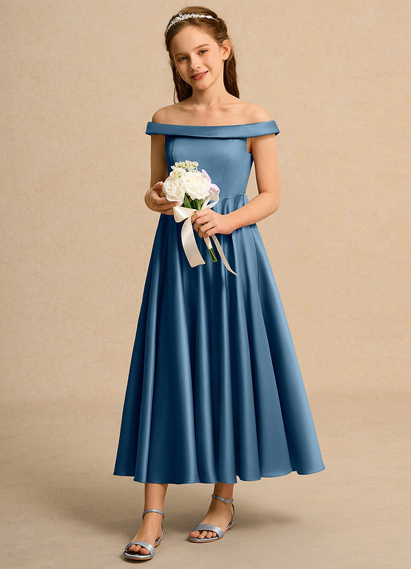 Azazie Teeny Junior Formal Bloemenmeisjes Jurken A-Lijn Jurk van Mat Satijn Geplooid Bermuda image1