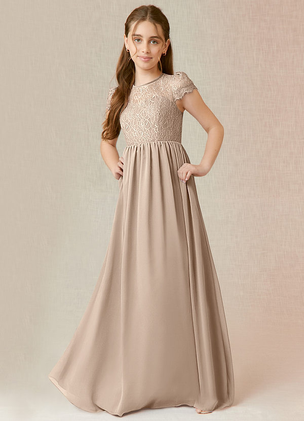 Azazie Delevingne Junior Robe Trapèze en Mousseline de soie Dentelle Taupe image1