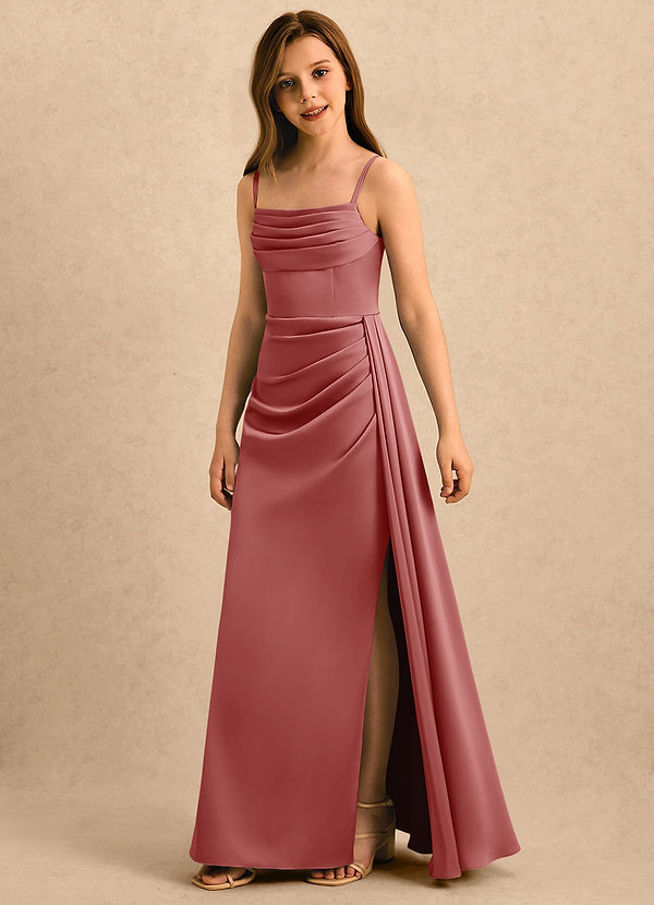 Azazie Shyla Girls Formal Sukienki dla dziewczynek sypiących kwiaty Osłona Pofałdowany Satyna elastyczna Długość podłogi Sukienka image1