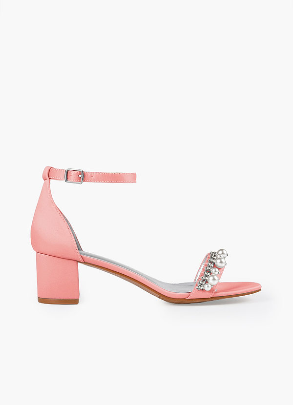 front Matching Color Matte Satin Pearl and Rhinestone Block Heel Sandals