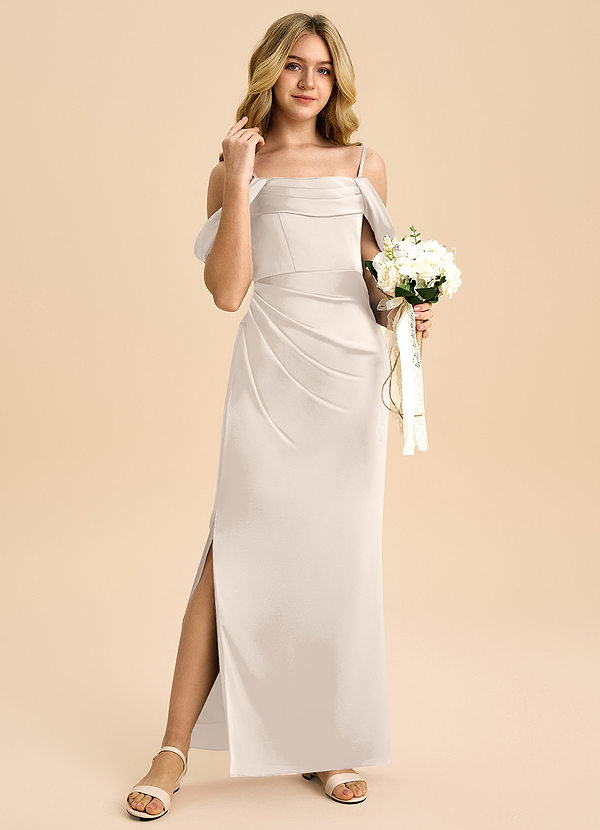 Azazie Saige Junior Robe Fourreau en Satin extensible Épaules dénudées Albâtre Blanc image1