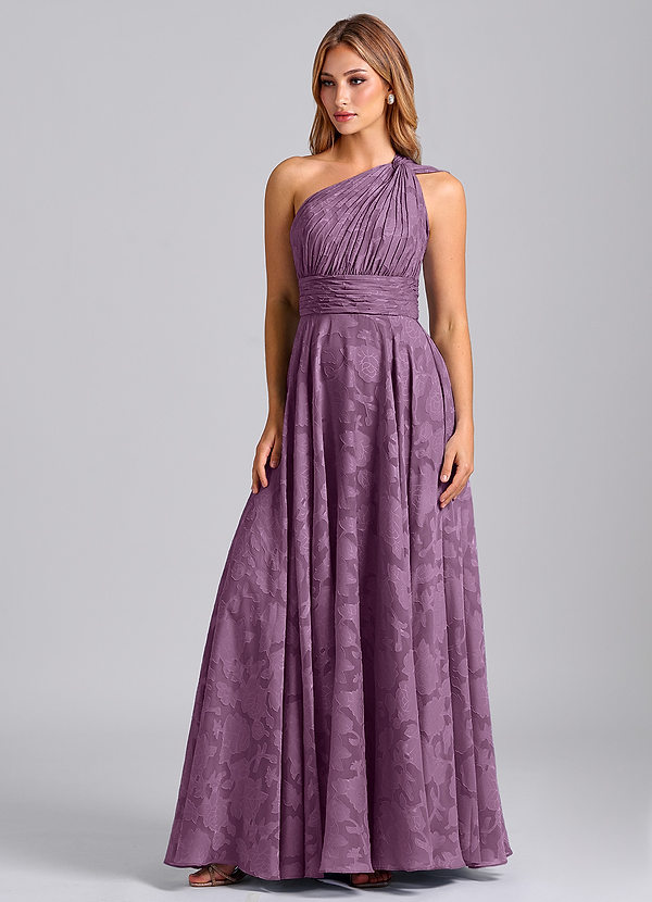 Azazie Charlize Bridesmaid Dresses Wisteria A-Line One Shoulder Floral Burnout Dress image1